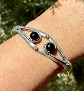 925 Sterling Silver Plated Natural Black Onyx Cuff Bangle, Bracelet Jewelry 7 - Picture 1 of 5