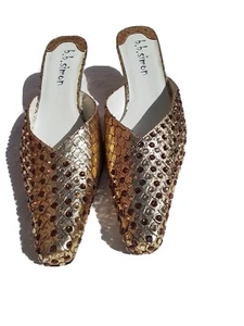 Womens Shoes Gold + Swarovski Crystals Reptile Embossed Mule Pumps B.B. Simon 10 - Picture 1 of 17