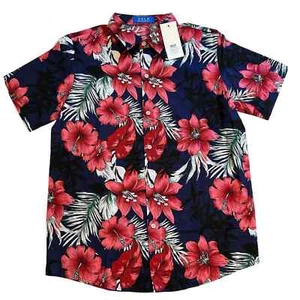 NWT SSLR Boys Tropical Hibiscus Short Sleeve Button-Down Navy/Rose XL - Picture 1 of 7