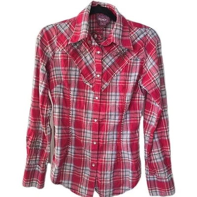 Camisa feminina de cowgirl ocidental bordada rugido G pérola encaixe manga longa vermelha branca - Imagem 1 de 4