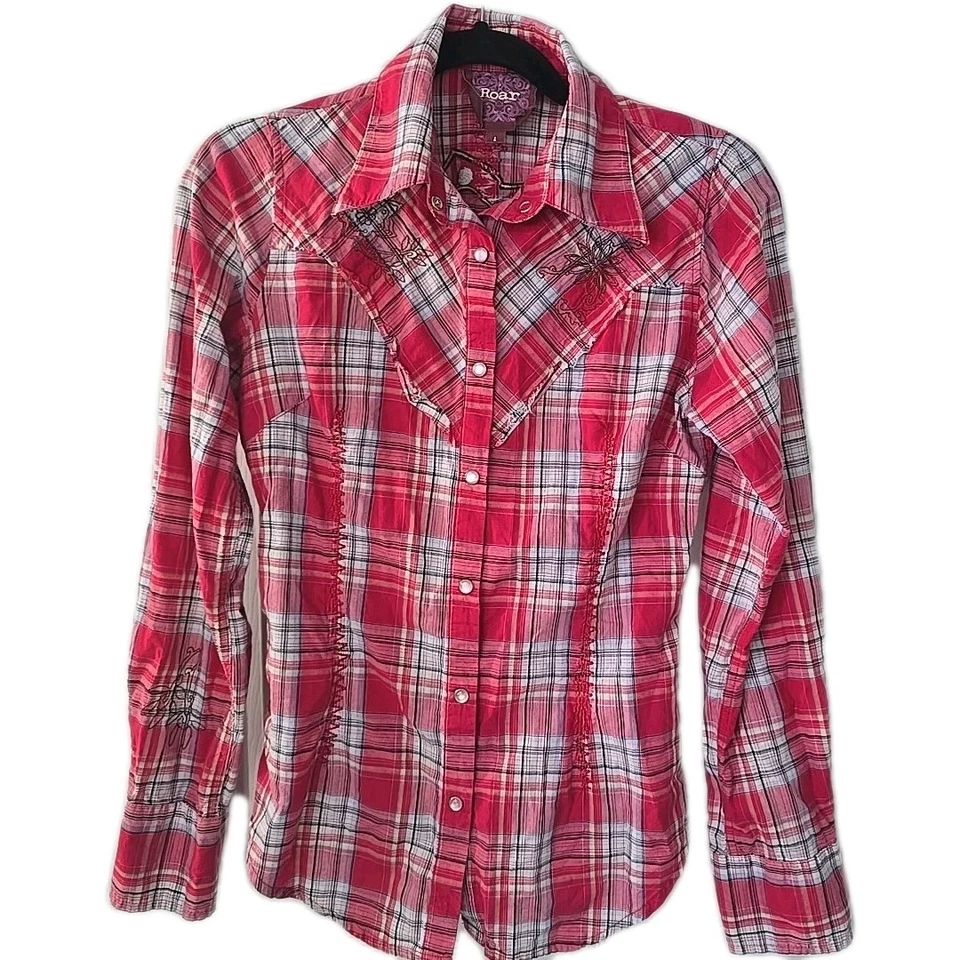 Camisa feminina de cowgirl ocidental bordada rugido G pérola encaixe manga longa vermelha branca - Imagem 1 de 4