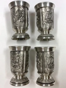 Vintage Germany Pewter Shot Glass 4pc Set Old Sailing Ships Embossed Footed 2.5” - Picture 1 of 10