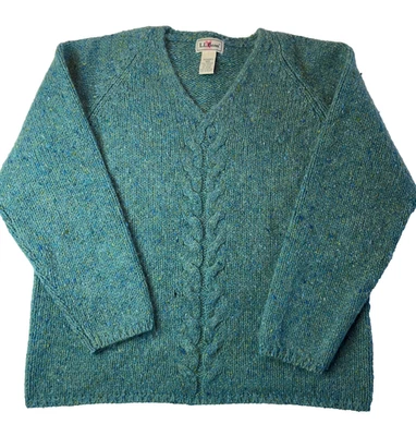 VINTAGE LL Bean Sweater Womens Med Green Wool Mohair Cable Knit Pullover V-Neck - Image 1 of 4