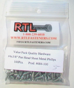 New RTL Pan Head Sheet Metal Phillips Screws, 100 CT #4X 3/8", #684 - Picture 1 of 3