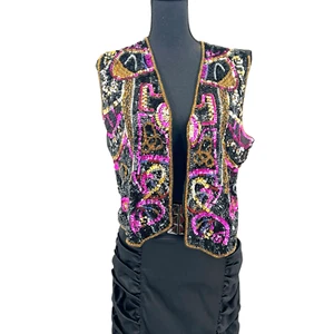 Vintage Creazioni Effeci Black Multi-Color Beaded Sequin Front Vest Large - Picture 1 of 8