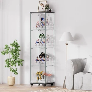 4 Tier Glass Display Cabinet Single Door Glass Cabinet with Lock and Wheels - Picture 1 of 6