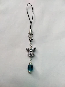 Silver Tone Angel Blue Square Cube Glass Bead Phone Charm Strap Handmade Car - Photo 1 sur 4