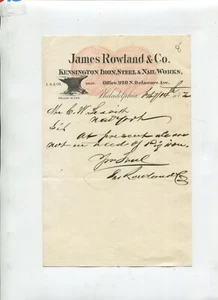 De colección Ilustrado Membrete JAMES ROWLAND Kensington Hierro Acero Clavo 1882 PA - Imagen 1 de 1
