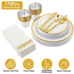 175Pcs Disposable Gold Dinnerware Set for Party Wedding Graduation Thinksgiving - Picture 1 of 12