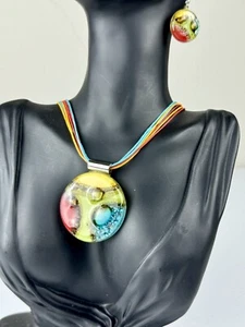 Handmade, Bold Colors Art Deco Pendant Necklace and Earrings Set - Picture 1 of 11