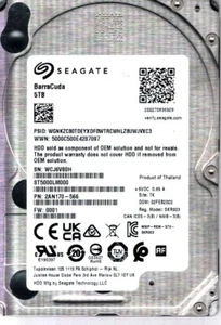 ST5000LM000 P/N: 2AN170-566 F/W: 0001 S/N: WCJ6 TK 5TB FEB 2022 THAILAND SEAGATE - Afbeelding 1 van 2