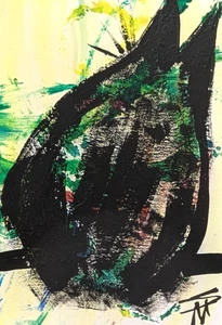 ACEO Black Cat Painting Original Contemporary Garden Modern Art Samantha McLean - Picture 1 of 1