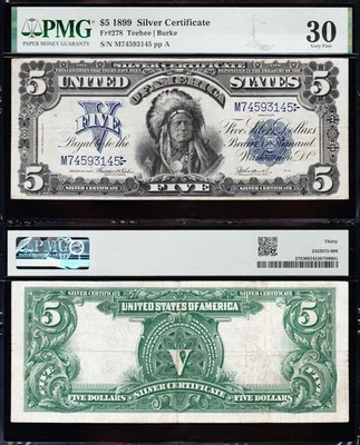 AWESOME Crisp Choice VF++ 1899 $5 "INDIAN CHIEF" Silver Certificate PMG 30! 145 - Image 1 of 3