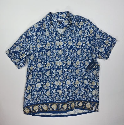 Club Room Masculino XL Manga Curta Buttondown Azul Marfim Floral Mistura de Seda - Imagem 1 de 4