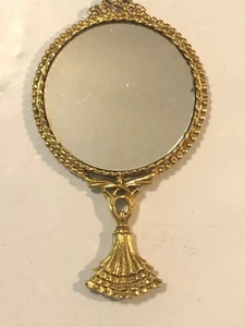 Specchio a mano double face tascabile vintage tono oro con lente di ingrandimento manico ventaglio e semplice - Foto 1 di 4
