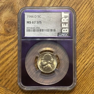 1944-D JEFFERSON NICKEL LOW POP SILVER NGC MS67 6FS PURPLE BERT HOLDER - Picture 1 of 4