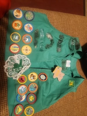 Girl Scouts of America Green Youth Vest Medium (?) LOTS of sewn on patches - Image 1 of 3