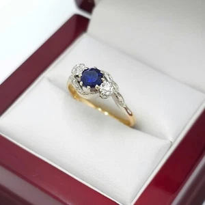 Vintage 18ct Yellow Solid Gold Natural Sapphire & Diamond Trilogy Ring Size P - Picture 1 of 7