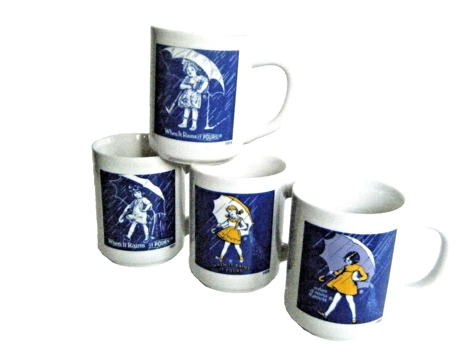 Morton Salt Set Of Four Vintage Ads Coffee Mugs Cups Excellent - Image 1 of 3