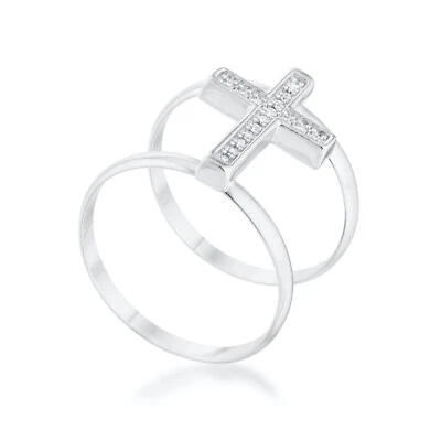 Anillo cruzado contemporáneo de doble barra de rodio Francis 0,08 quilates circonita cúbica Foto 1 de 4