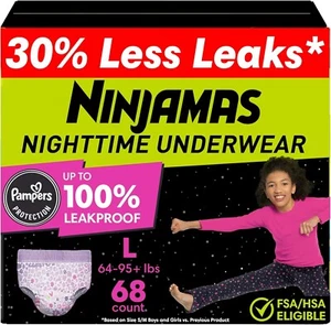 Ninjamas Girls' Bedwetting Disposable Underwear Nighttime Size L Large 68 Count - Picture 1 of 7
