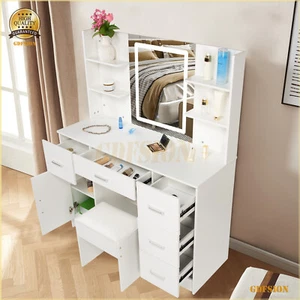 Large Dressing Table Stool Set With Smart LED Mirror 6 Drawers Shelf Vanity Desk - Picture 1 of 10