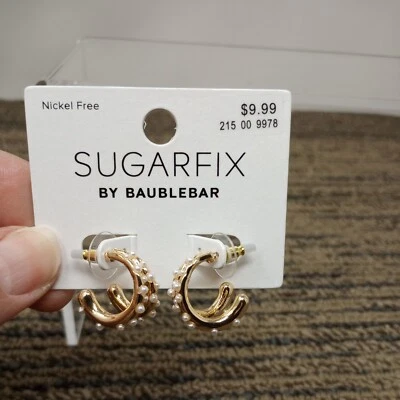 SUGARFIX by BaubleBar Faux Pearl  Gold Tone Double Hoop Earrings - Image 1 of 4