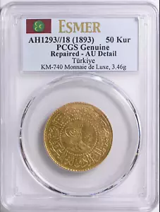 RRR! Turkey AH 1293 Year 18 (1893) Gold 50 Kurush Monnaie de Luxe KM-740 PCGS AU - Picture 1 of 3