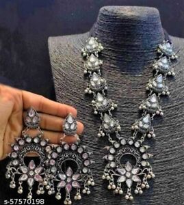 Ethnic Bollywood Style Design Black Oxidized Long Necklace Indian Jewelry Set