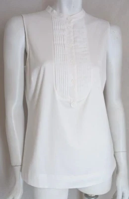 $395 AKRIS PUNTO 12 L Blusa Top Tank Tux Plisada Blanco Algodón Tejido Sin Mangas Foto 1 de 4