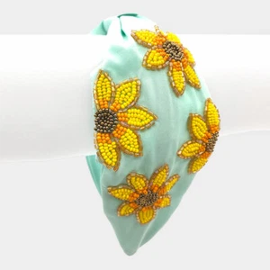 NEW Bright Yellow Sunflowers Seed Bead Light Mint Green Fabric Knotted Headband - Picture 1 of 1