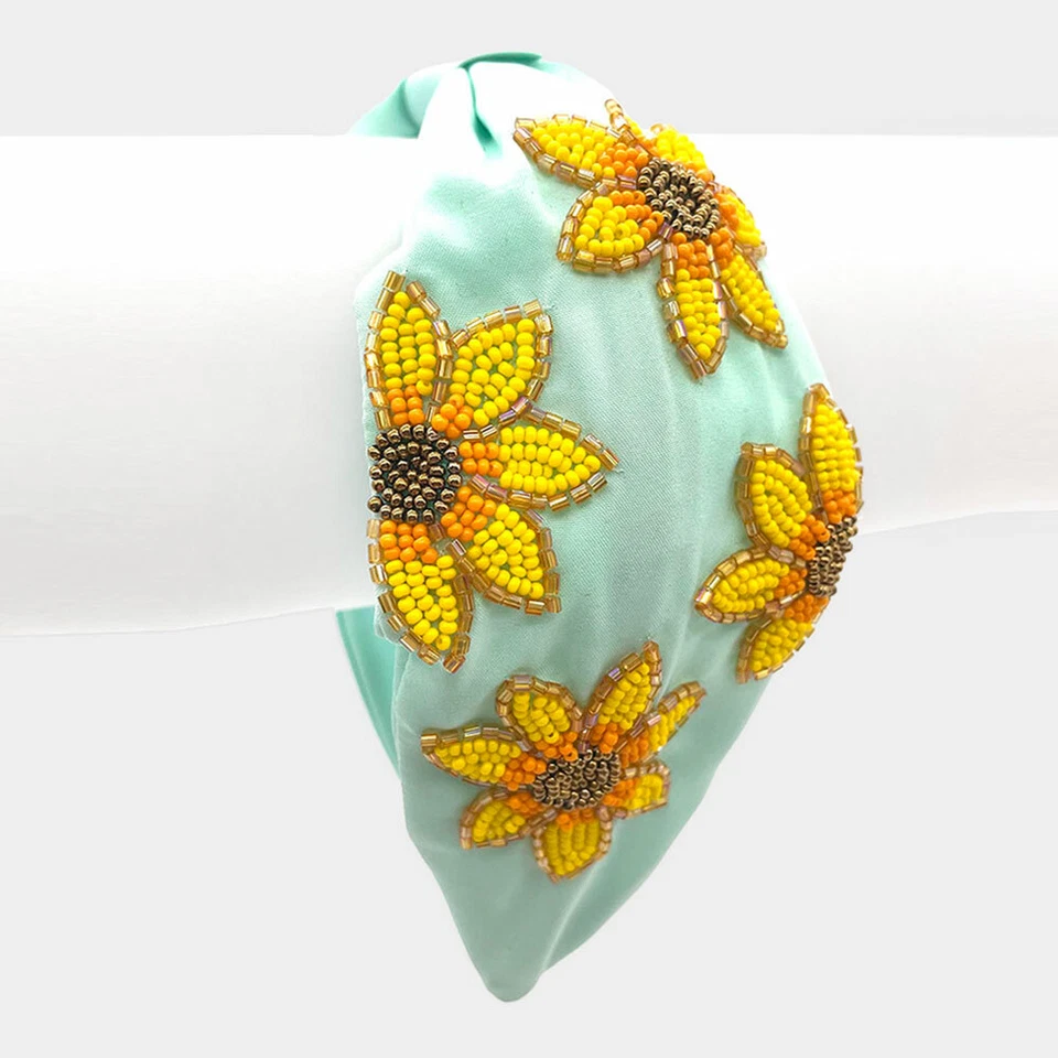 NEW Bright Yellow Sunflowers Seed Bead Light Mint Green Fabric Knotted Headband - Image 1 of 1
