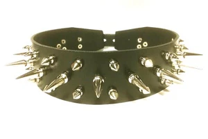Genuine Leather Dog Collar Spiked Studded Adjustable Dog Collar Black RATS BUM - Picture 1 of 10