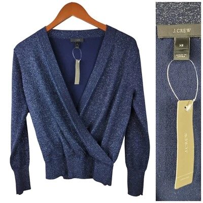 NEW J Crew Merino Wool Faux Wrap Top Sweater Size XS Navy Blue Silver Sparkle - Image 1 of 4