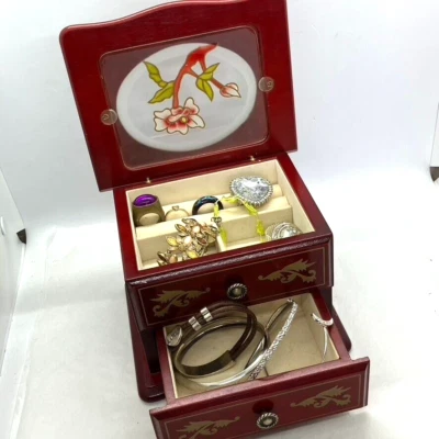 Wooden Jewellery Box Chest vintage With Drawer & Some contents costume jewellery - Image 1 of 4