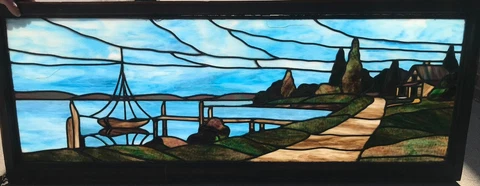 Antique Opalescent Glass Witte Bros. c1909 Landscape Seascape Transom Window Cover