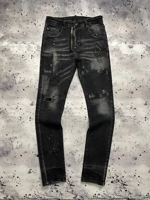 Rare DSQUARED2 Dark Grey Distressed Slim Fit Wash Zip Patch Denim Jeans Size 44 - Image 1 of 4