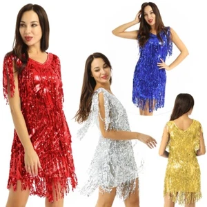 Women's Sequins Fringe Flapper Dress Latin Ballroom Performance Tassels Dress - Picture 1 of 35