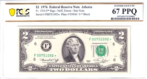 1976 $2 FRN Atlanta **STAR** PCGS Superb Gem Uncirculated 67PPQ #F00751092* - Picture 1 of 2