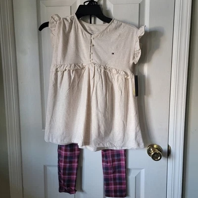 Tommy Hilfiger Niñas Manga Volantes Túnica y Conjunto de Leggings a Cuadros Rojo Talla 8-10 Foto 1 de 4