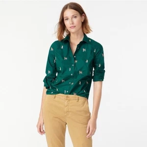 Camisa J.Crew Delgada Botones Verde Bordada Estampado Perro Manga Larga 0 Preppy - Imagen 1 de 10
