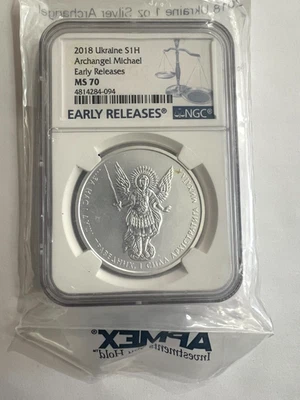 2018 UKRAINE 1 HRYVNIA  ARCHANGEL MICHAEL EARLY RELEASES SILVER COIN NGC MS70 - Image 1 of 4