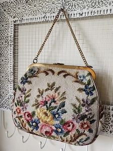 Vtg Needlepoint Ivory Wool Floral LIned Purse Bag Germany - Picture 1 of 21