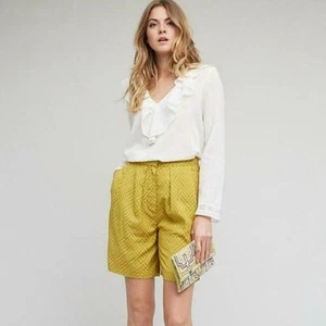 Anthropologie Seen Worn Kept High Waist Pleated Jacquard Trouser Short 8 Yellow - Picture 1 of 11