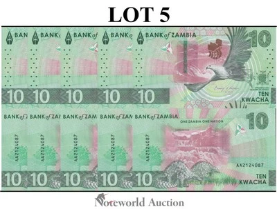 ZAMBIA 10 Kwacha 2024 2025 P New Issue Prefix AA Lot 5 pcs 1/20 Bundle UNC - Image 1 of 4