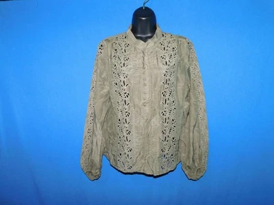 WHBM S 橄榄绿色刺绣绒毛衬衫丝绸棉衬衫孔眼长袖 — 第 1/4 张图片