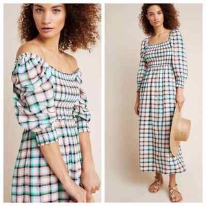 Maeve by Anthropologie Damen Cerie kariertes Langarm gesmoktes Maxikleid. Größe S - Bild 1 von 13