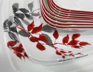 ❤️ 16-pc CORELLE KYOTO LEAVES Dinnerware Set w/DESSERT BOWLS Watercolor Red Gray - Picture 1 of 6