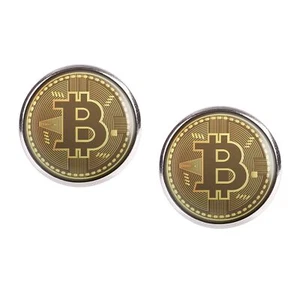Mylery Stud Earrings Pair With Motif Bit Coin Cryptocurrency Coin Silver Various - Picture 1 of 6
