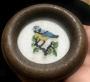 Vintage Round Wooden Framed Cross Stitch embroidery Hand made Bird branch Needle - Picture 1 of 9